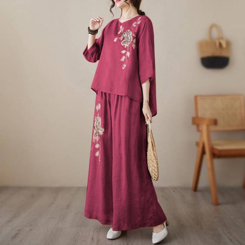 Paxta-len vintage embroidery to'plami ayol yoz ko'ylak keng shim
