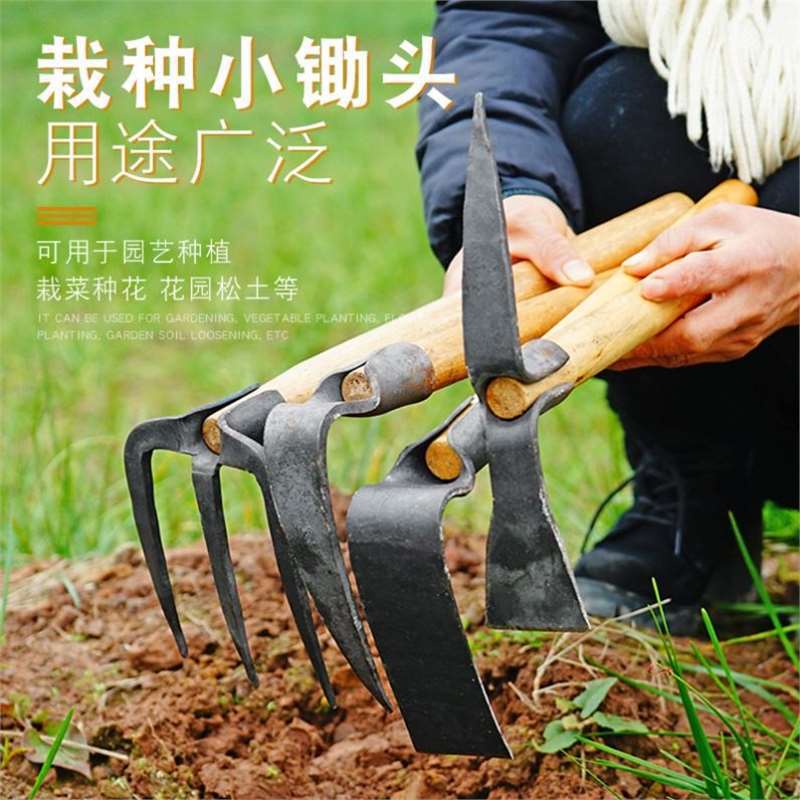 手工锻打一体二齿三齿木柄耙子锄头种菜种花钓鱼挖蚯蚓家用小耙头