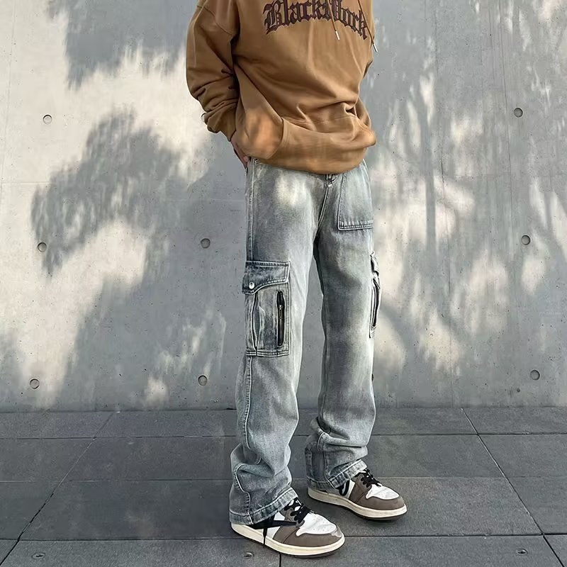2023 American Style High Street Style Retro Jeans Men's Washed Old Multi-Pocket Workwear Trendy Brand Straight Casual Pants