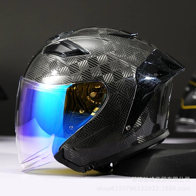 Fiber 3/4 Helmet Electric Vehicle Motosiklet kaskı (dəbilqə) - 12k-bright-black-transparent-day-and-night-blue-coated-lenses-m
