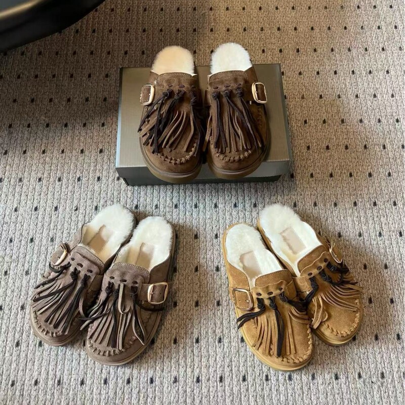 欧洲站真皮流苏软底复古厚底包头半拖鞋女秋时尚软底防滑勃肯拖鞋|undefined
