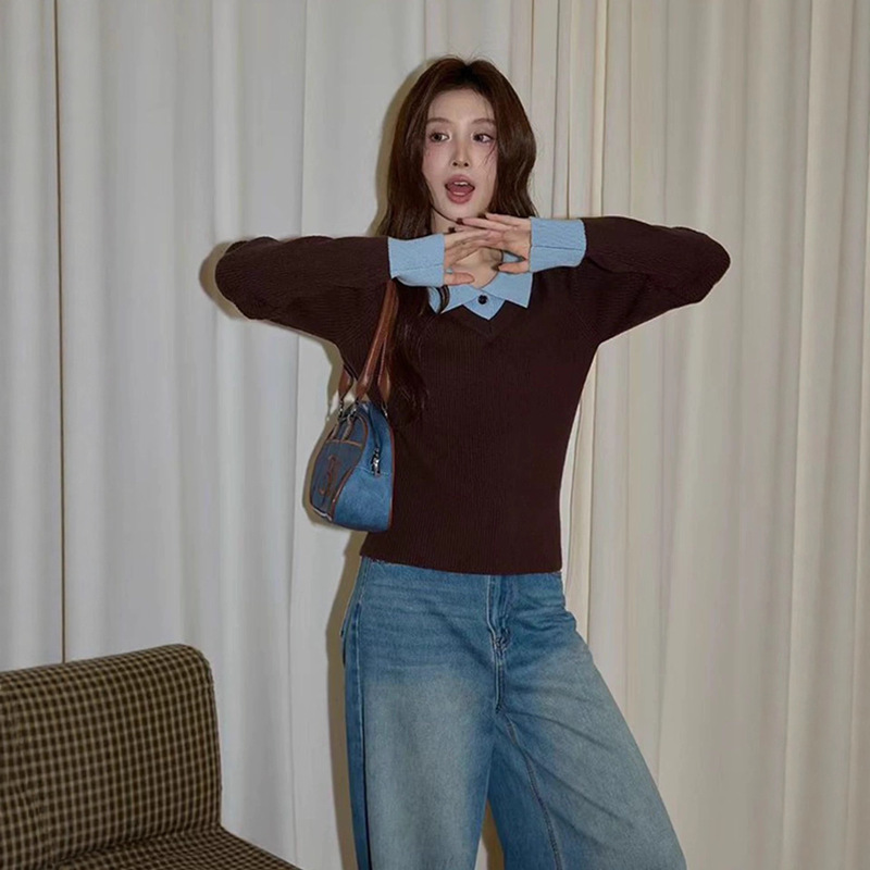 Autumn and Winter Brown Right Shoulder Slim Fit Pullover Knitwear Niche Women's Polo Collar Bottoming Knitwear Long-Sleeved Top