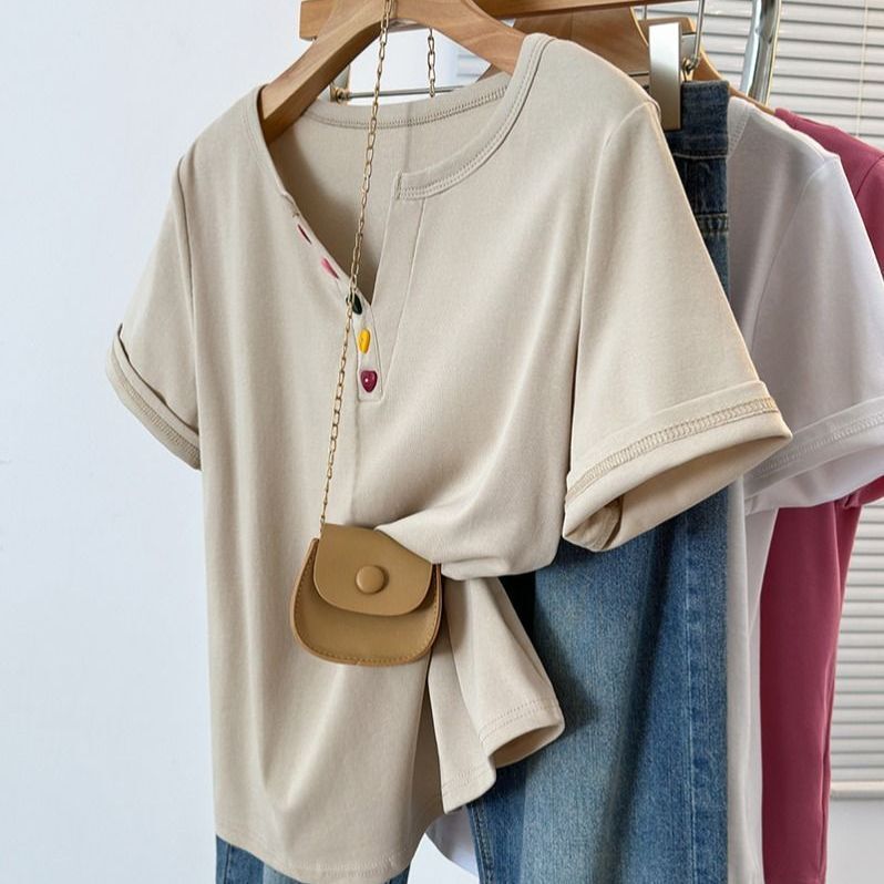 Plus Size V-Neck Buttoned Right Shoulder Short-Sleeved T-Shirt for Women Summer New Fat mm Loose Slimming Look Versatile Casual Belly-Covering Top