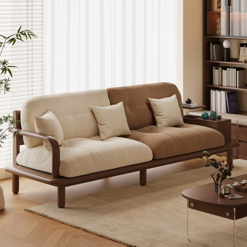 Song Dynasty Aesthetic Solid Wood Living Room Home New Chinese Style Song Wooden Straight Row Small Apartment Double or Three Person Fabric Sofa