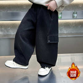 男童加绒裤子一体绒秋冬款2025新款儿童装洋气阔腿冬季加厚牛仔裤