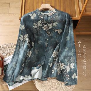 Real Shot 2025 Autum New Korean Style Cotton and Linen Printed Long-Sleeved Loose Shirt Retro Flower National Style Shirt for Women