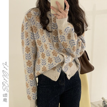 韓國東大門毛衣女復古花朵提花針織衫寬松慵懶風日系外套加厚開衫