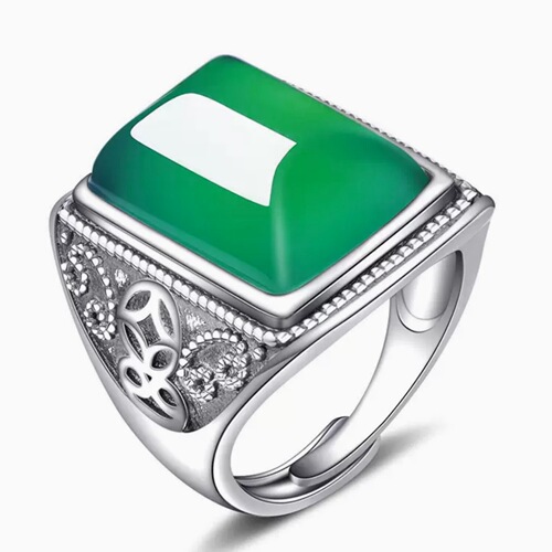 Thai silver-plated green jade and black agate ring Open retro palace style gold coin pattern chrysoprase ring ring