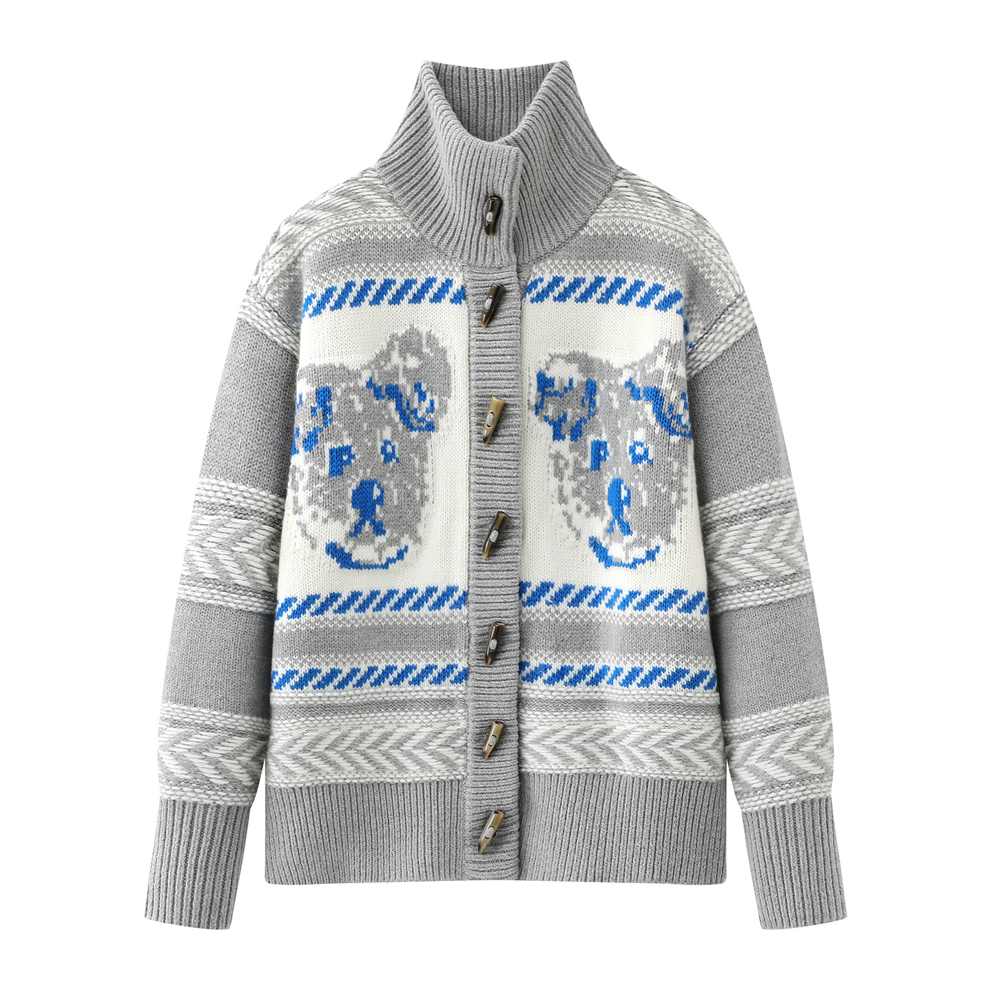 现货 2025冬季款女时尚宽松趣味卡通拼色高领针织开衫RL92801217