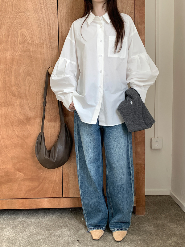 慵懒风泡泡长袖衬衫女秋季2025新款韩版设计感宽松纯色休闲上衣|undefined