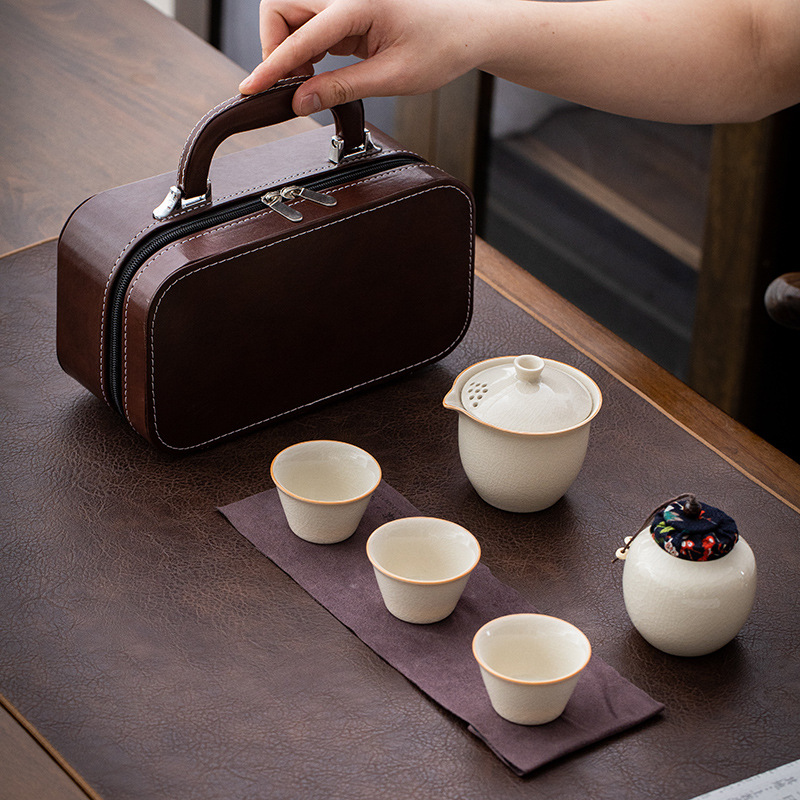 哥窑陶瓷快客杯功夫户外旅行茶具套装迷你简约便携式收纳包礼品盒
