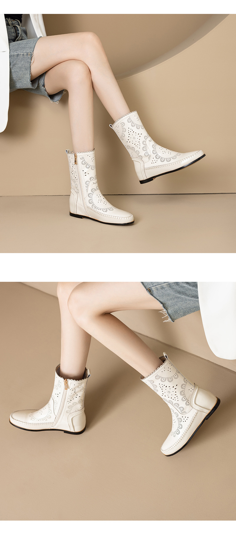 Boot nữ cổ thấp da bò đục lỗ đế xuồng đốt hoa — Màu be [lót một lớp] chi tiết 6
