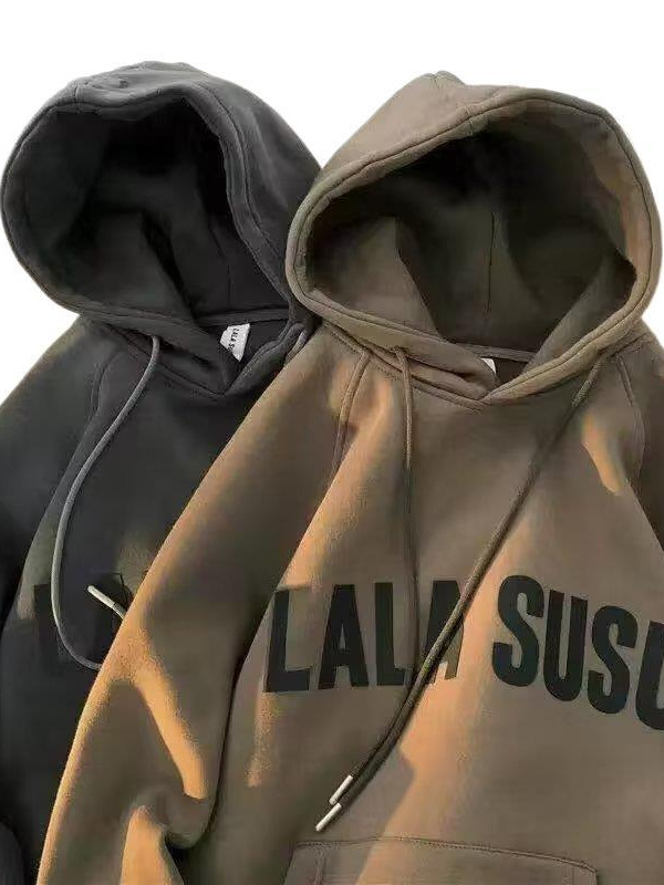 Letra japonesa impresión fleece-forrado con capucha suéter de los hombres de la marca de moda suelta estilo perezoso todo partido pareja abrigo