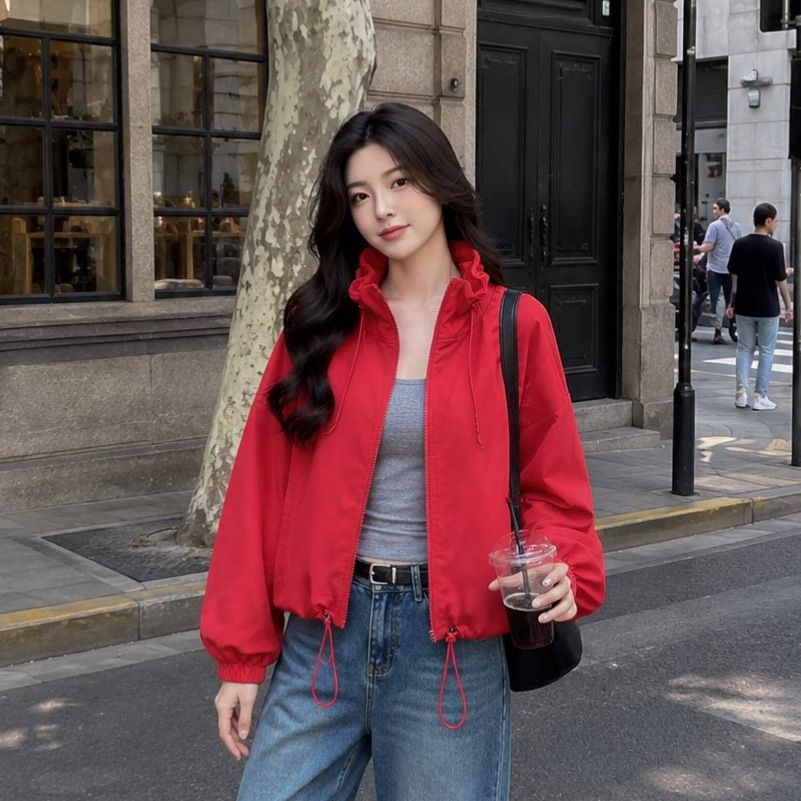 立领时尚百搭薄外套女2026秋季新款韩系小个子抽绳玫红色冲锋衣潮