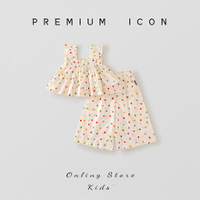 女童彩色波点套装2025春夏儿童韩版甜美风吊带上衣阔腿裤两件套