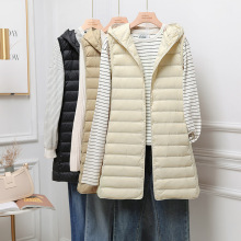 薄轻款羽绒马甲女中长款修身时尚连帽轻便无缝压胶跨境白鸭绒马夹