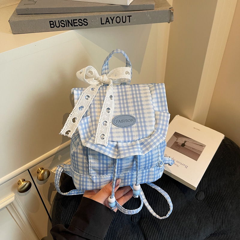 2025 nueva dulce y linda mochila de encaje a cuadros mochila de hoja de loto esponjosa mochila de chicas corazón mini mochila