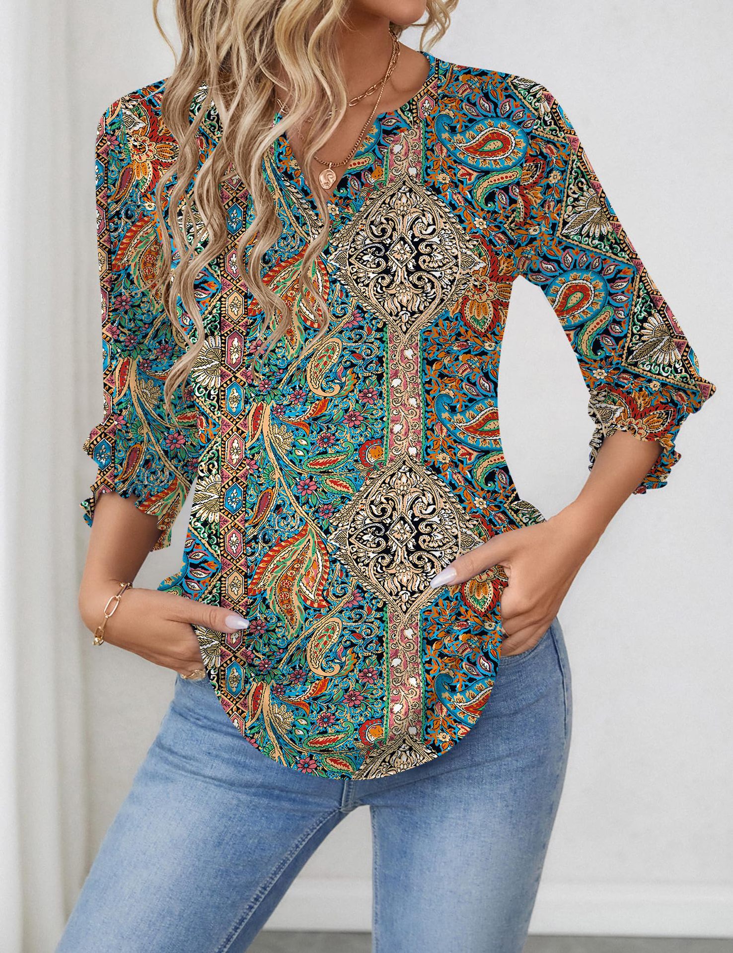European And American Cross-border Women's 2026 Fashion Top, Three-quarter Sleeve Floral Print Casual Shirt, Summer_ecoleips.com