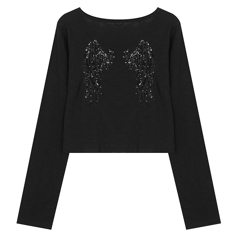 Dark and sweet sequin wing long-sleeve T-shirt for women, new slim-fit cropped top, trendy and slimming base shirt, ins style Dark and sweet sequin wing long-sleeve T-shirt for women, new slim-fit cropped top, trendy and slimming base shirt, ins style
