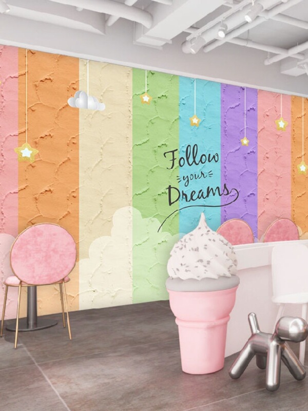 Macaron manicure wallpaper graffiti art Rainbow Milk Tea pizza shop wallpaper striped beauty salon background wall cloth painting