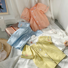 Women's Off-the-Shoulder Korean Style Thin-Sleeve Top 2023 Summer Short-Sleeve Baby Sweet Doll Shirt Children's Square Collar Shirt