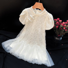 女童連衣裙2023夏季新款洋氣時髦小女孩旗袍網紗白色時尚公主裙