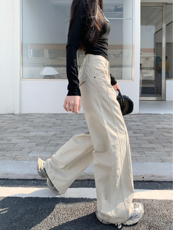个性阔腿牛仔工装裤女夏季2025新款设计感高腰宽松显瘦直筒长裤子|undefined