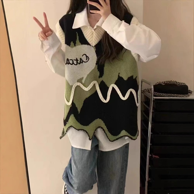 2024 New Korean Shirt suit Women's Early Autumn Loose White Long-sleeved Shirt Slimming Design Knitted Vest