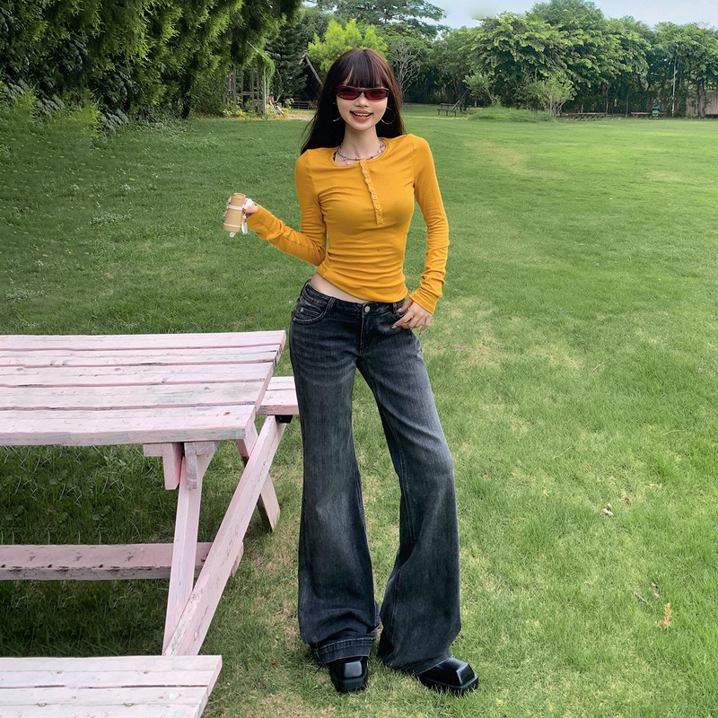 美式辣妹灰色微喇牛仔裤女2025年秋冬新款低腰弹力显瘦百搭喇叭裤|undefined