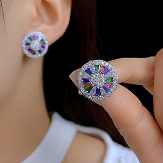 法式复古宫廷风微镶彩色锆石圆形耳钉小众设计轻奢耳环高级感耳饰