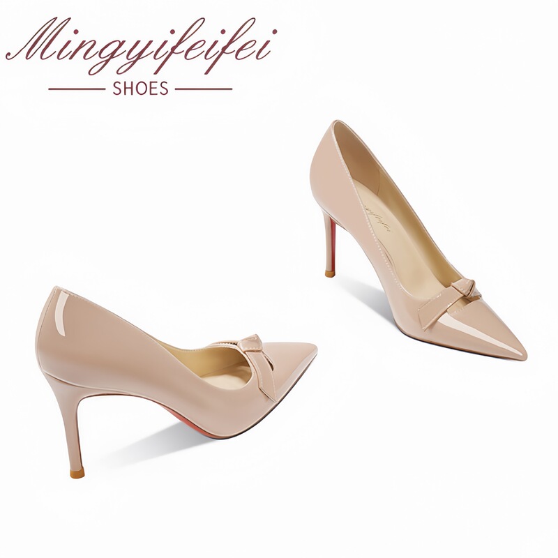 Sheepskin Nude-Colored Red-Soled Ultra-High Heels 2026 Shallow Bowknot Spring/Summer New Pointed-Toe Elegant Women's Pumps