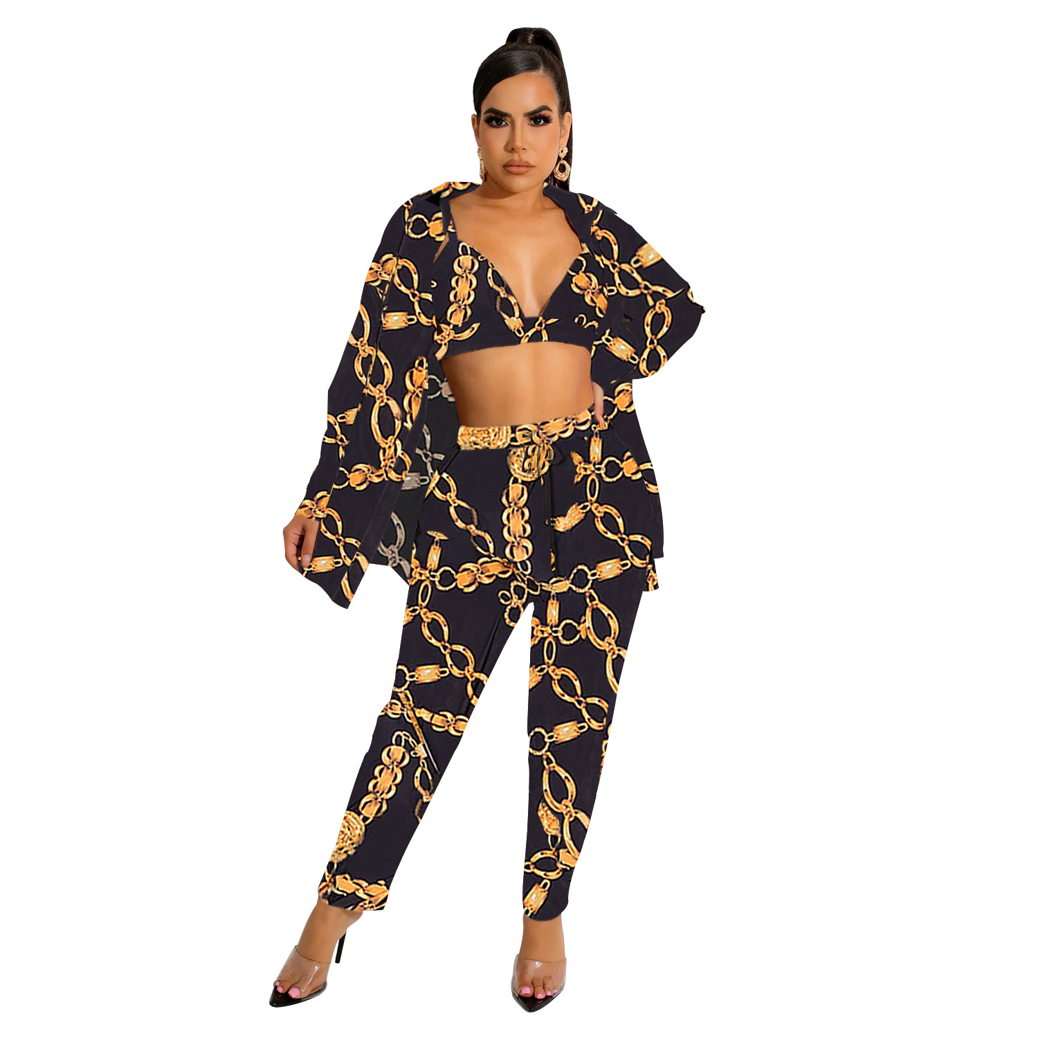 Women's Pant Set With Long Sleeved Collared Jacket And Trousers_voghion.com