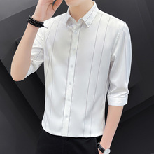 爆款男士条纹衬衫七分袖夏季薄款韩版修身青年衬衣