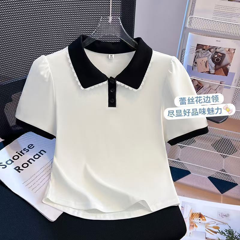 大きいサイズの女性用右肩半袖Tシャツ2025年夏新作ファットmmフェイクツーピースドールカラートップス外国風ポロシャツ|undefined
