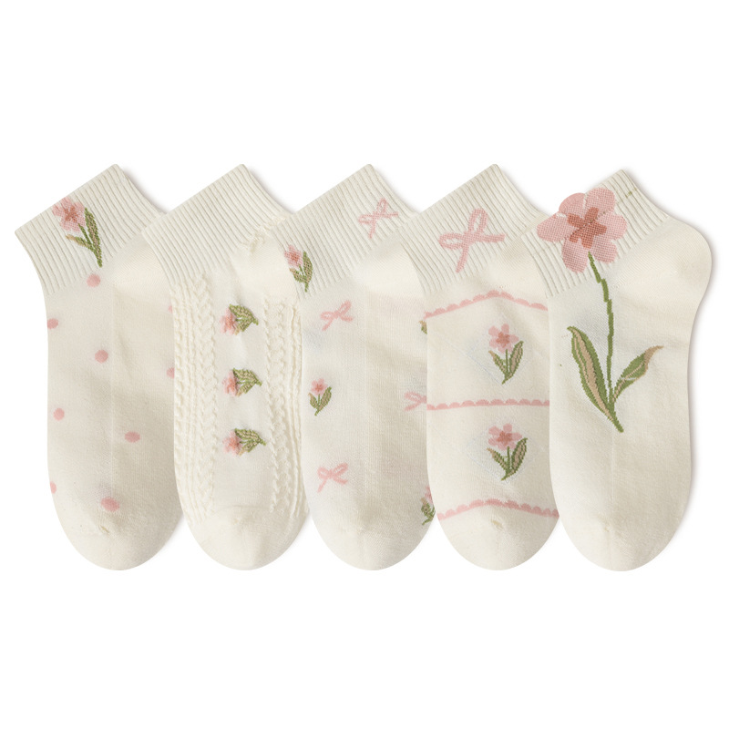 Zhuji Socks Women's Short Socks Spring and Summer Thin Breathable Sweat-Absorbing Japanese Flower Cute Summer Sports Socks for Students