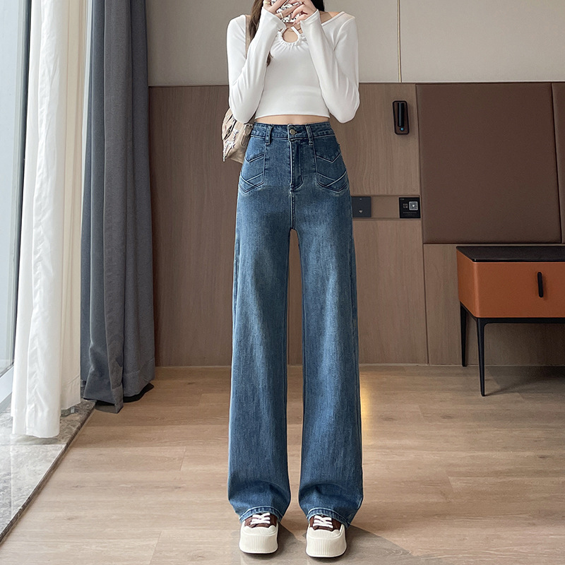 复古牛仔裤女春秋季2025新款高腰显瘦宽松百搭直筒垂感九分阔腿裤|undefined