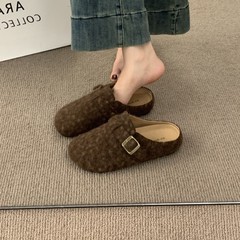 羊皮版~复古毛呢包头半拖鞋一脚蹬勃肯鞋女外穿懒人平底穆勒凉拖