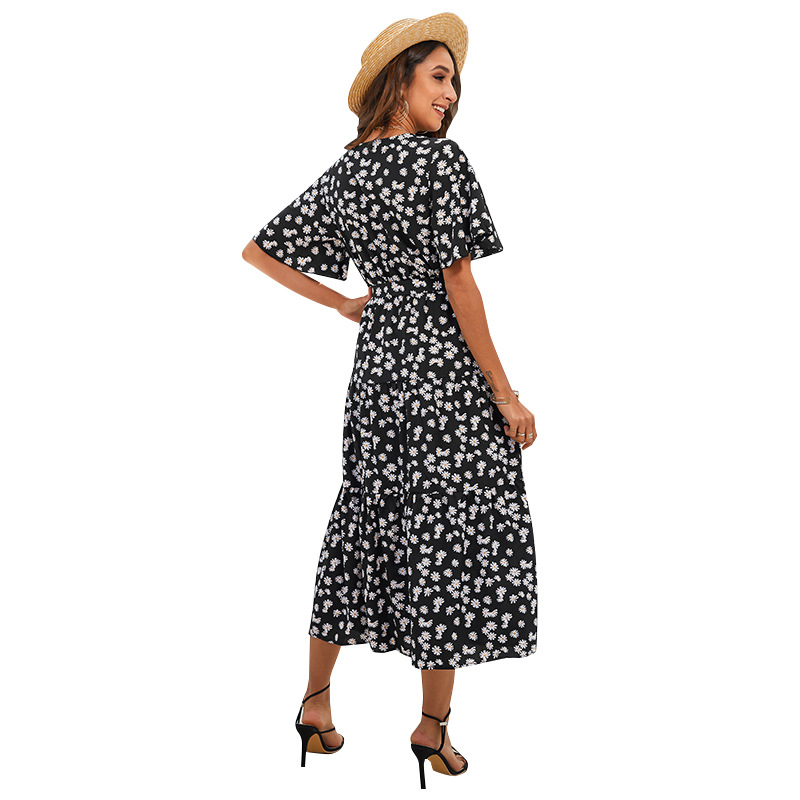 hedging V-neck high-waist short-sleeved printed dress NSSA40728