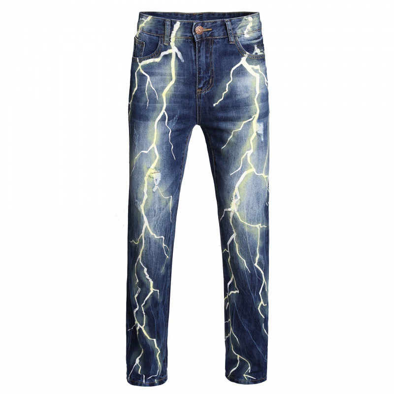 Men's Personalized Lightning Ripped Jeans American Style Digital Print Denim_voghion.com