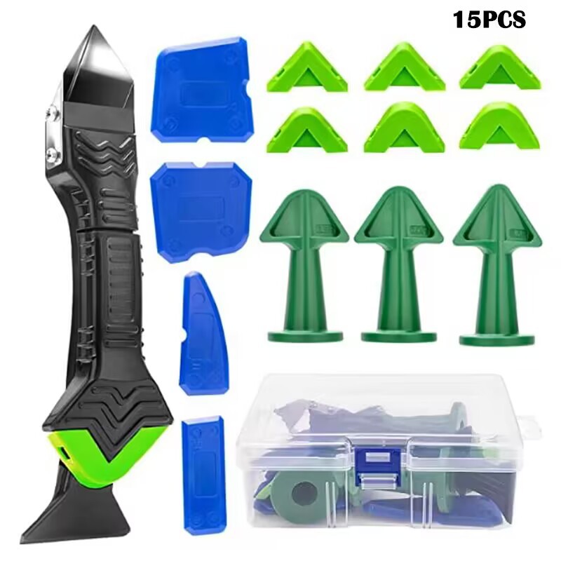 15件套3合1金属刮刀阴阳角刮板胶嘴硅胶密封填缝喷嘴美缝工具盒装