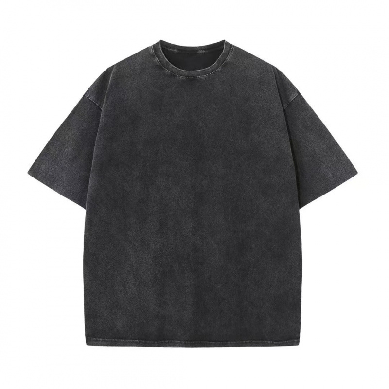 Camiseta de marca de moda vieja negra lavada verano 220g algodón peinado cuello trasero suelta básica cuello redondo camiseta de la calle principal