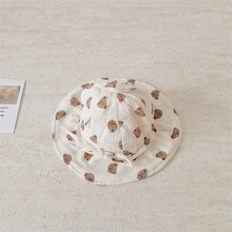 Chapéu de sol para bebé em gaze de algodão com estampado urso_voghion.com