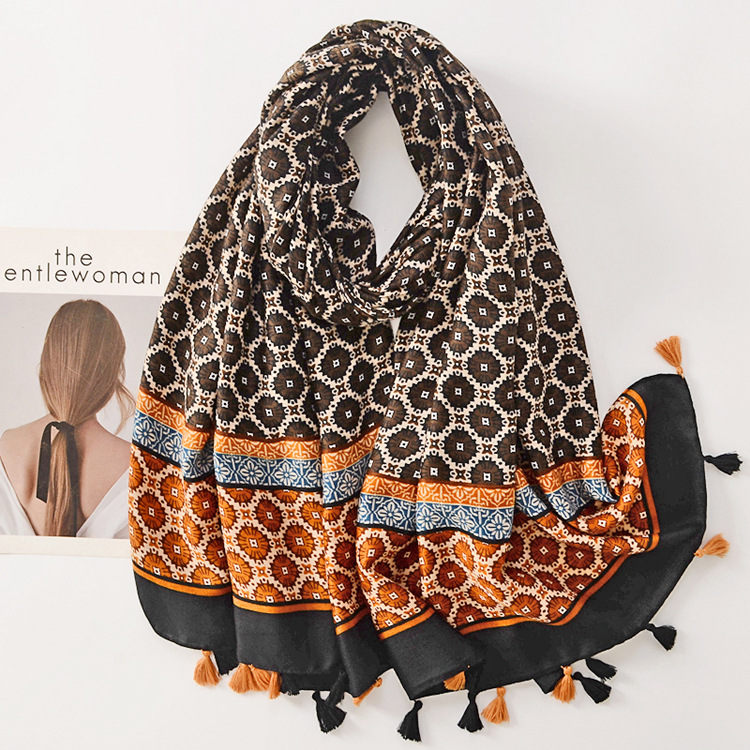 Estilo étnico retro rueda flor caliente protector solar bufanda larga borla decorativa chal algodón Lino suave bufanda
