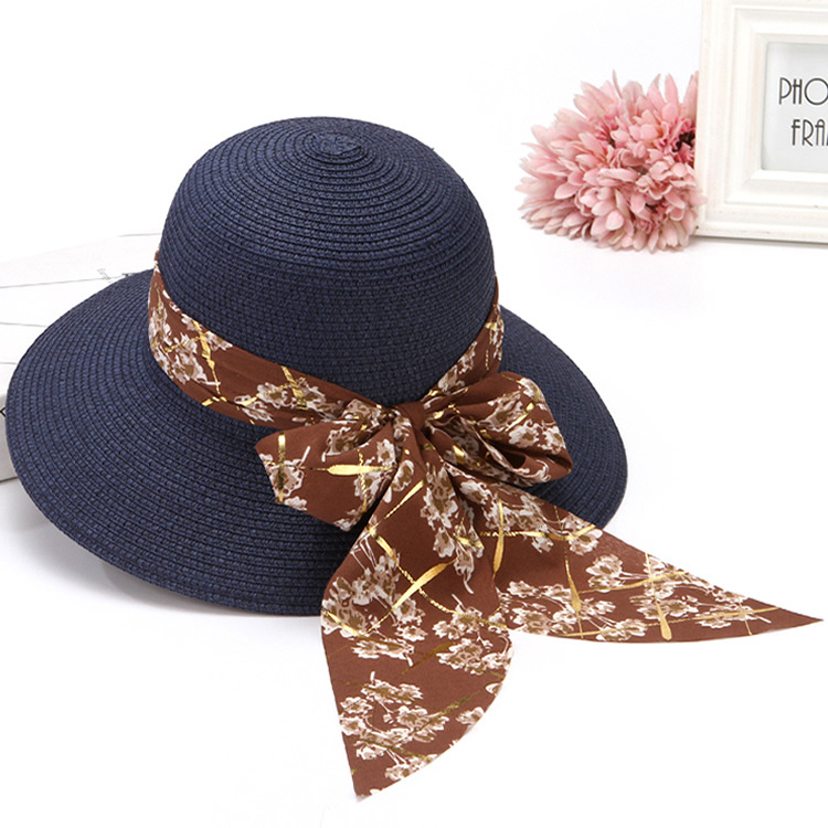 Cappello di paglia da donna per l'estate, ideale per gite in spiaggia, vacanze, protezione solare, con fiocco e accessorio per la protezione solare._voghion.com