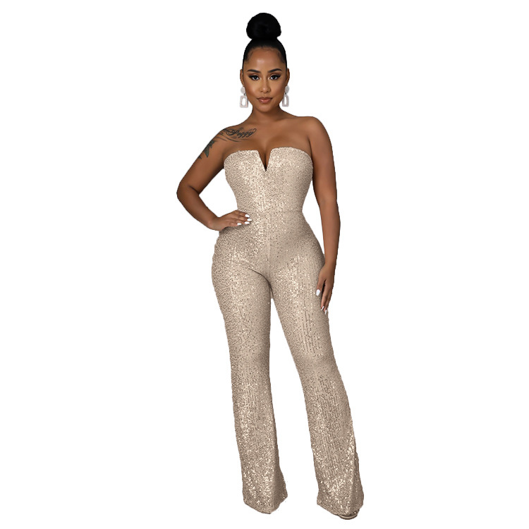 Tube Top V-Neck Wide-Leg Sequins Jumpsuit NSCYF98365