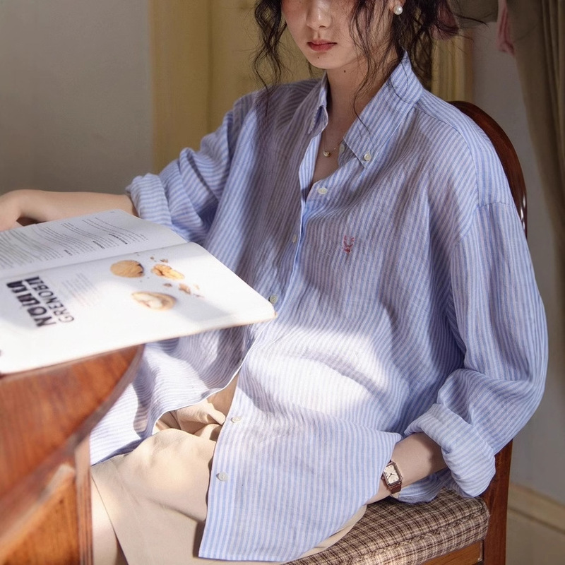 Nice people2024SS Tsuen Linen Striped Smiley Embroidered Long Sleeve Shirt Top Women's Summer Physical Sun Protection