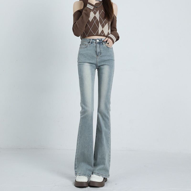 M-ONE Versatile Black High Waist Slim Flared Jeans Women's Dark Micro Flared Pants Stretch High Street Functional Style
