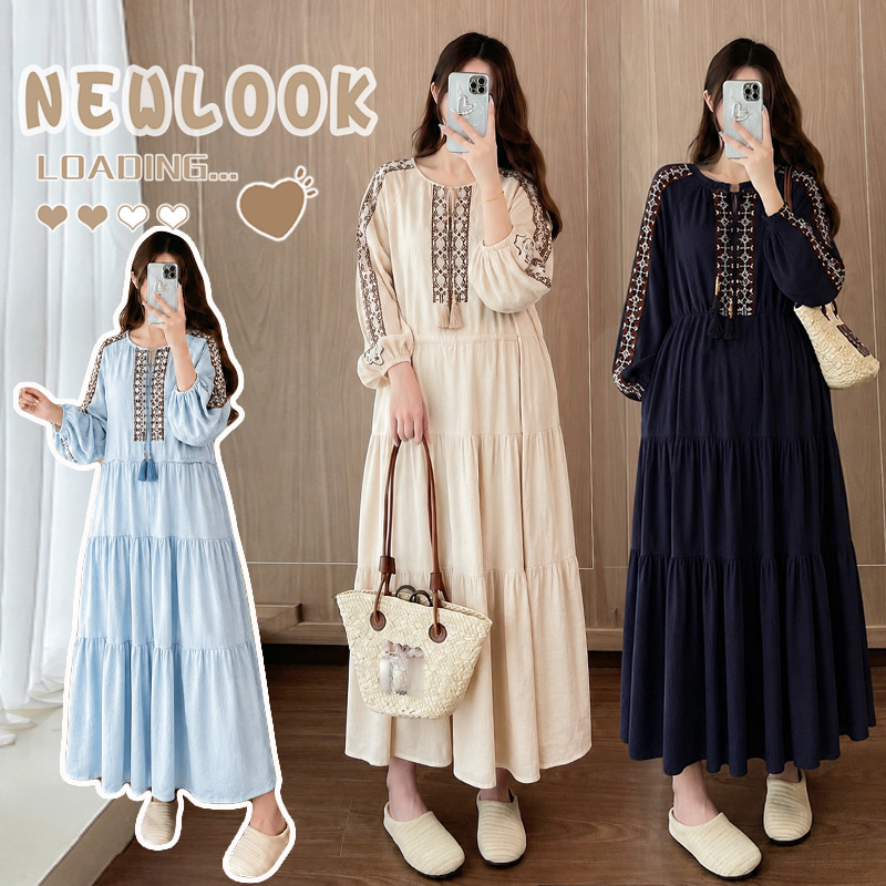 Maternity wear for autumn, new loose-fitting bohemian style embroidered dress with loose lantern sleeves and drawstring waist