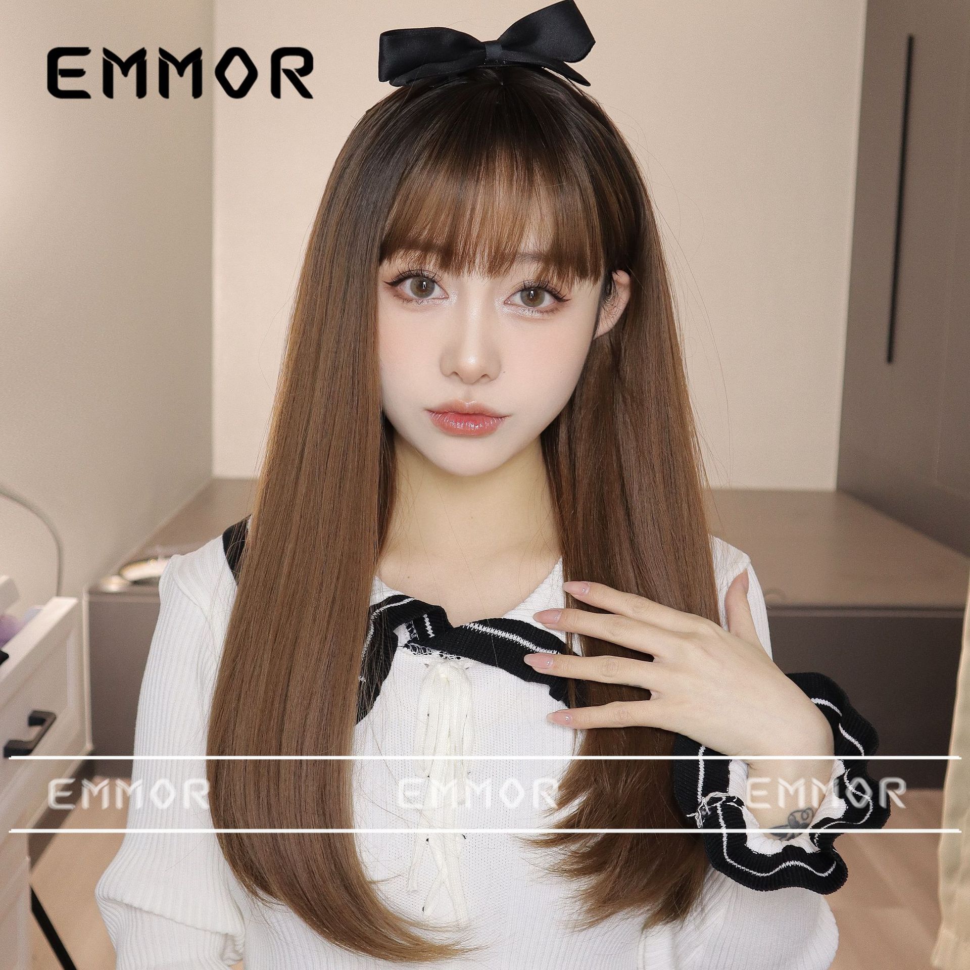 Nueva celebridad en línea peluca coreana flequillo de aire Pelo Largo micro-rizado blanco natural chica sensación fibra química peluca cabeza cubierta