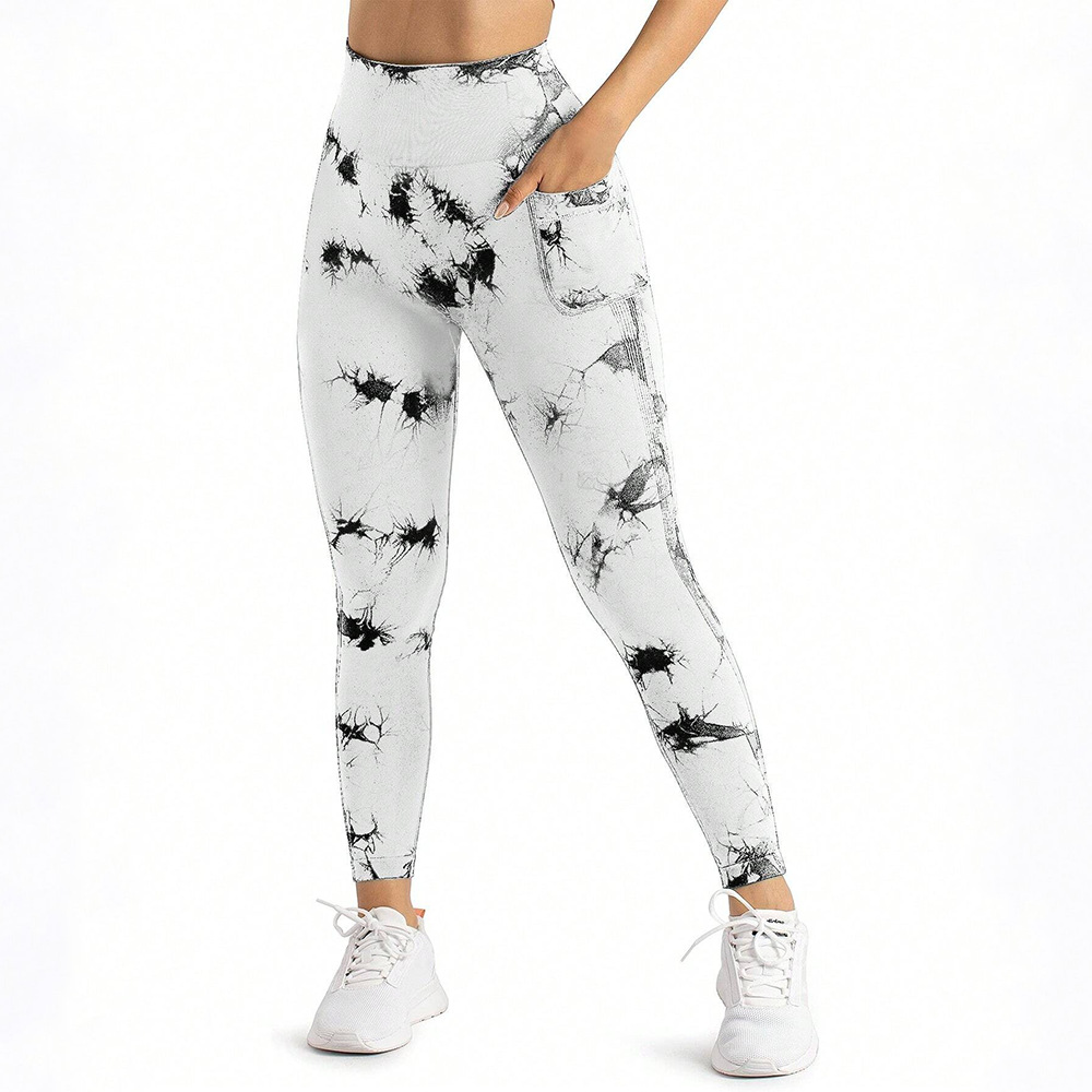 Nuevo estilo transfronterizo sin costuras tiñido de alta elasticidad, bolsillo apretado de peldaño, entrenamiento deportivo, pantalones de yoga para correr